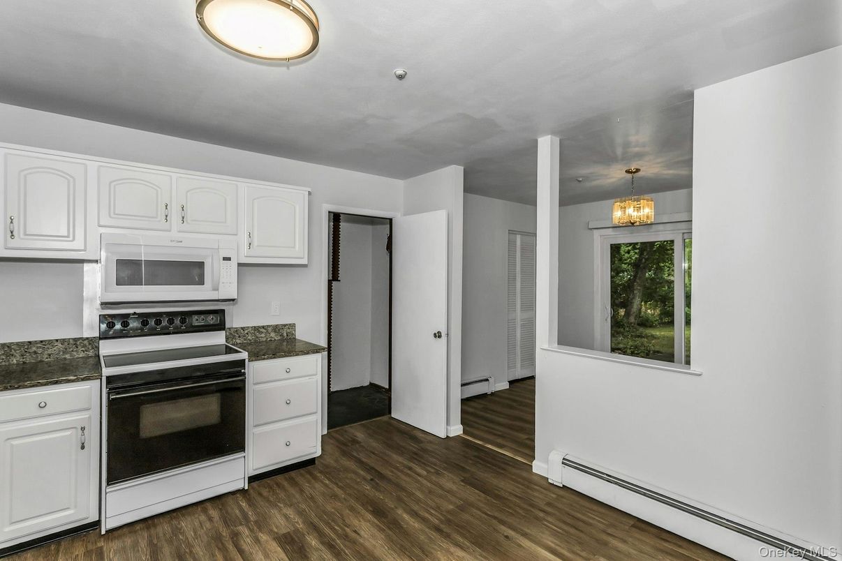 Chandelier, Interior, Kitchen, Pendant Lights, Stainless Steel Appliances, Wood Texture Flooring