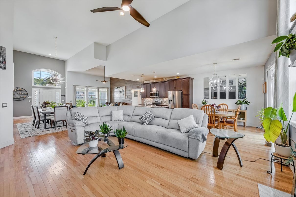 Dining room, Interior, Kitchen, Living room, Pendant Lights, Recessed Lighting, Stainless Steel Appliances, Wood Texture Flooring