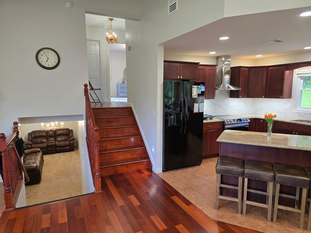 Chandelier, Interior, Kitchen, Recessed Lighting, Wood Texture Flooring