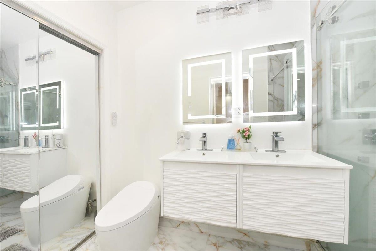Bathroom, Dual Sink Vanities, Glass Shower, Interior, Marble, Marble Walls