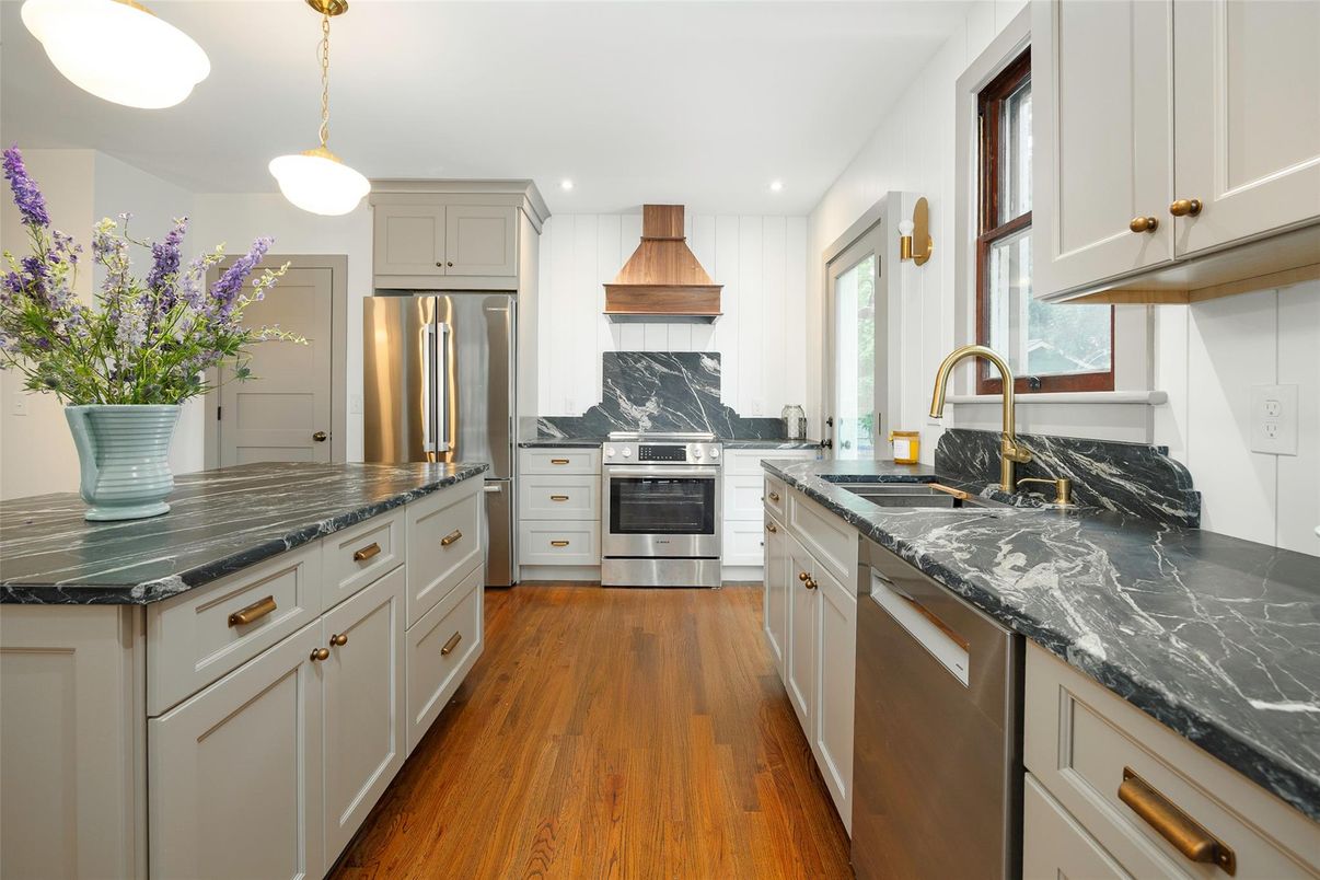 Interior, Kitchen, Pendant Lights, Recessed Lighting, Stainless Steel Appliances, Wood Texture Flooring