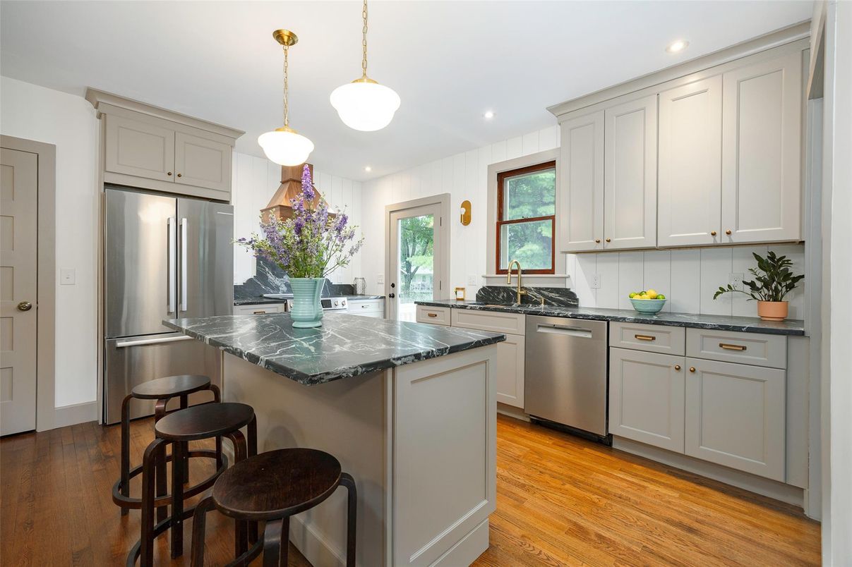 Interior, Kitchen, Pendant Lights, Recessed Lighting, Stainless Steel Appliances, Wood Texture Flooring