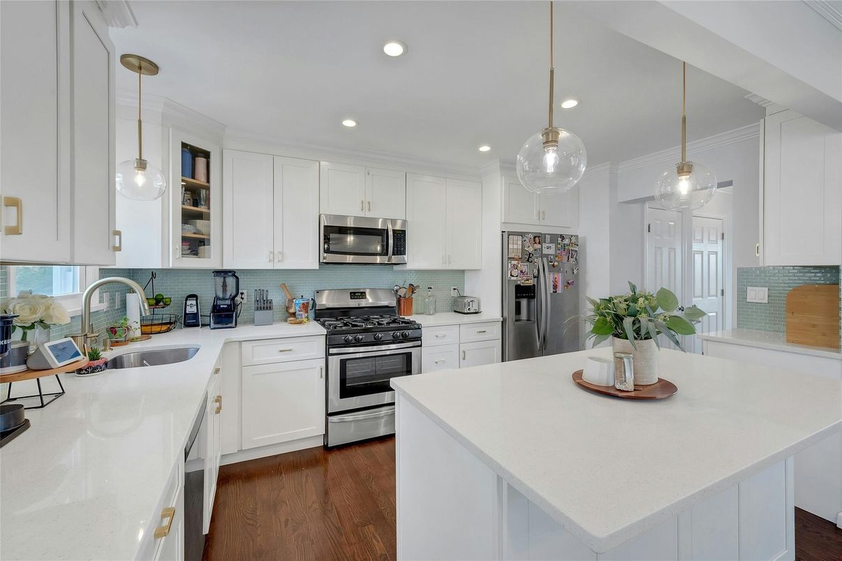Interior, Kitchen, Pendant Lights, Recessed Lighting, Stainless Steel Appliances, Wood Texture Flooring
