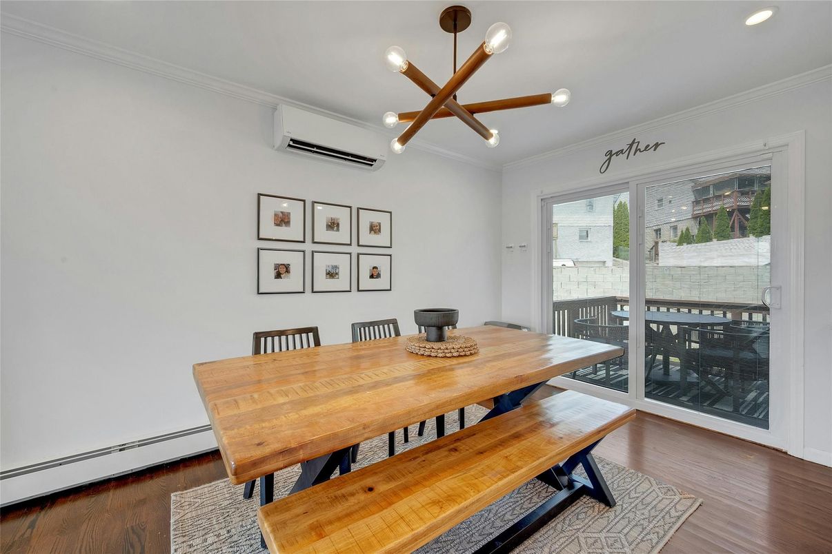 Dining room, Interior, Pendant Lights, Recessed Lighting, Wood Texture Flooring