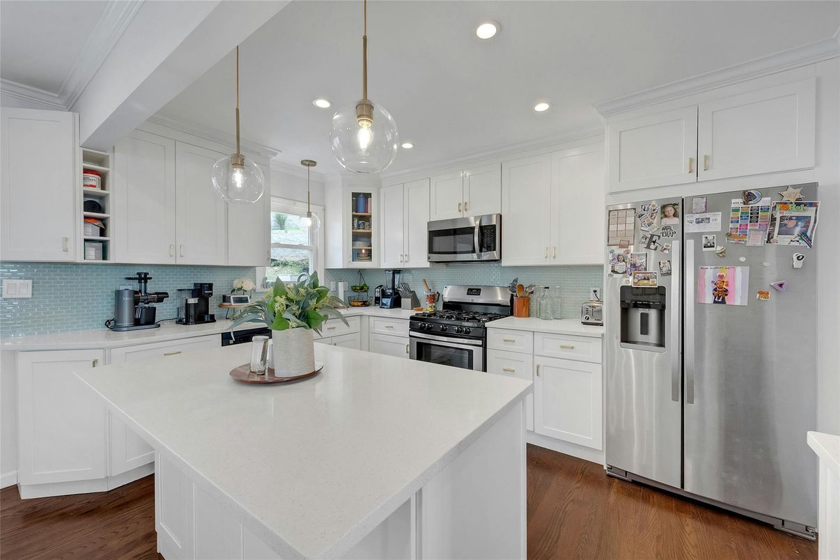 Interior, Kitchen, Pendant Lights, Recessed Lighting, Stainless Steel Appliances, Wood Texture Flooring