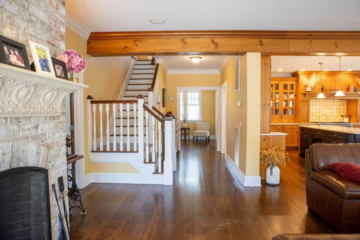 Fireplace, Interior, Kitchen, Pendant Lights, Recessed Lighting, Stone Walls, Wood Texture Flooring