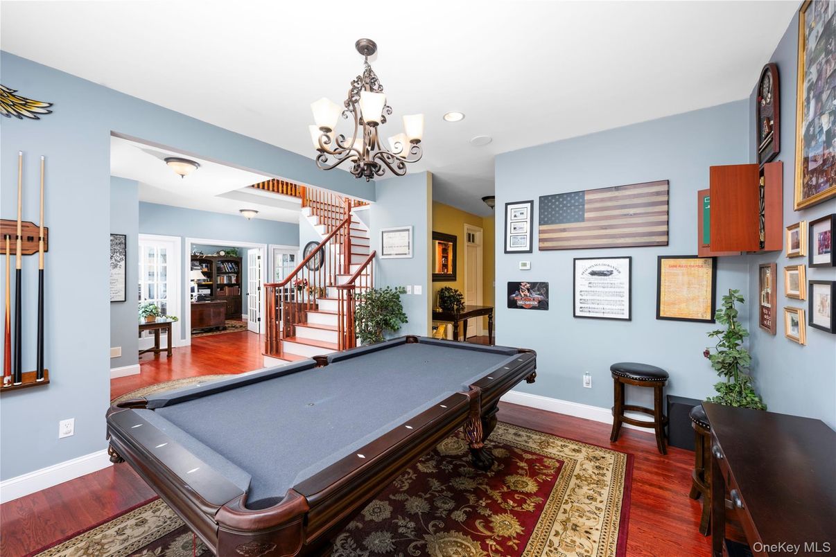Billiard Table, Chandelier, Game Room, Interior, Recessed Lighting, Wood Texture Flooring