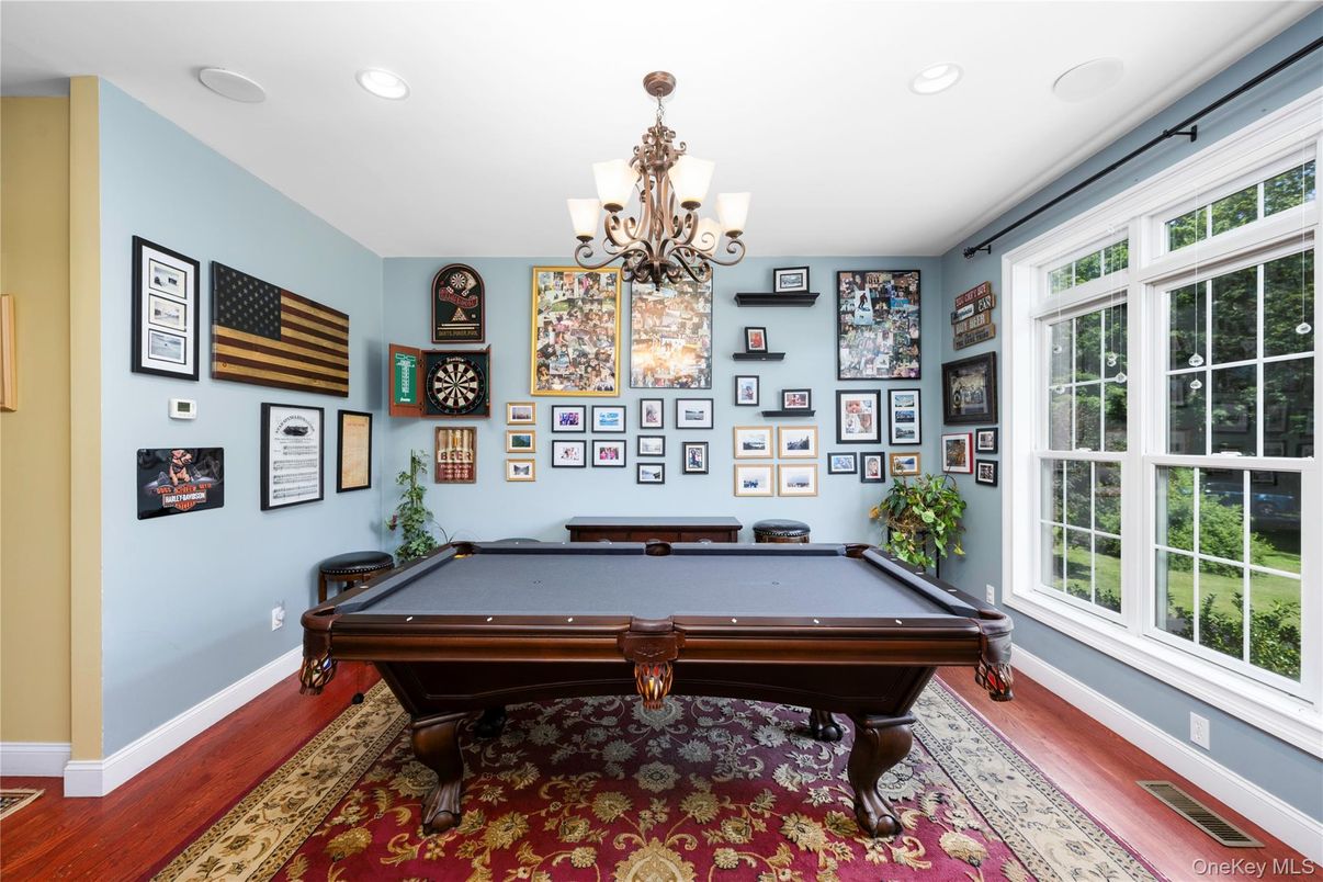 Billiard Table, Chandelier, Game Room, Interior, Recessed Lighting, Wood Texture Flooring