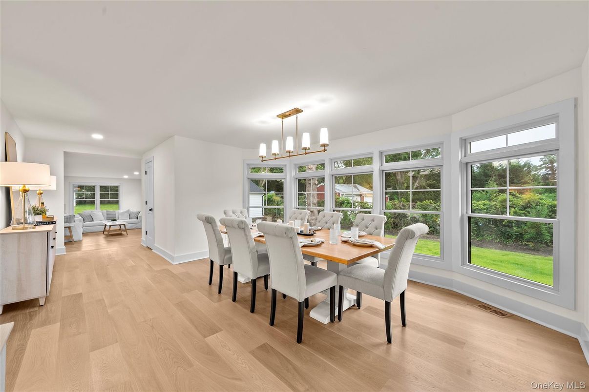 Dining room, Interior, Pendant Lights, Recessed Lighting, Wood Texture Flooring