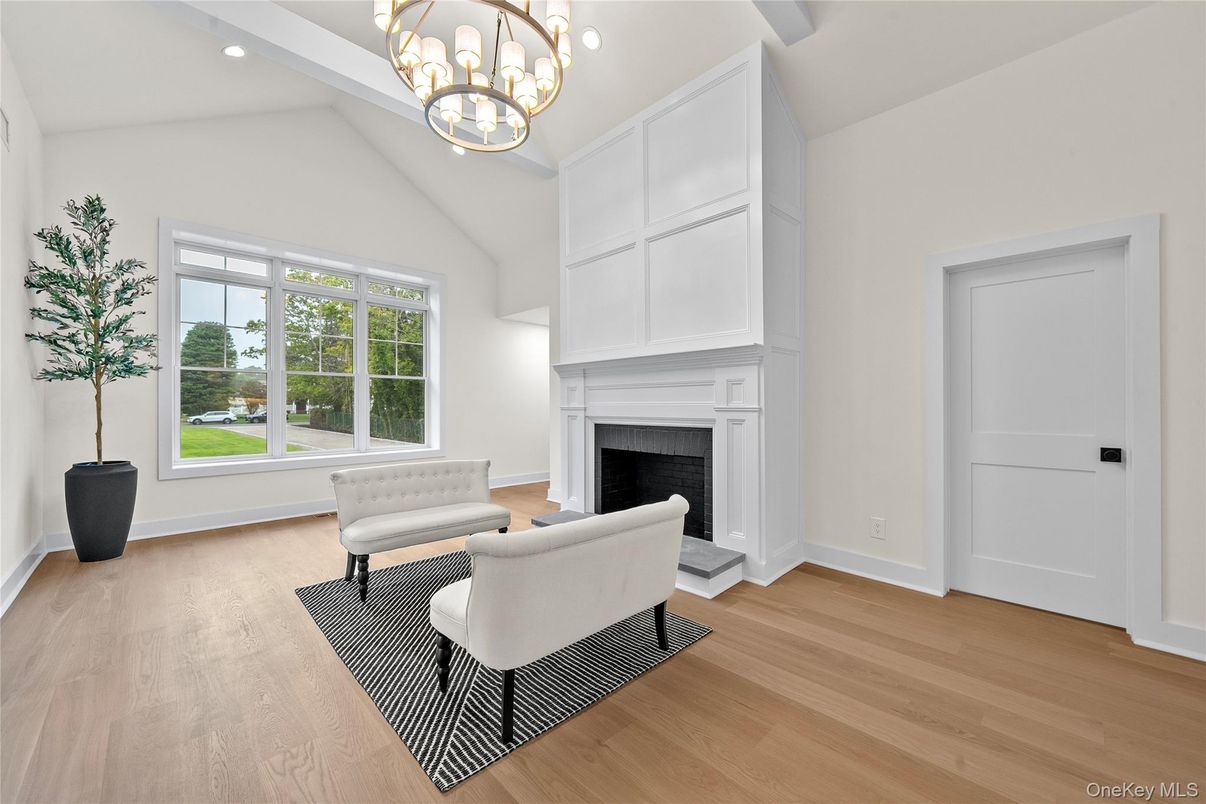 Fireplace, Interior, Pendant Lights, Recessed Lighting, Wood Texture Flooring