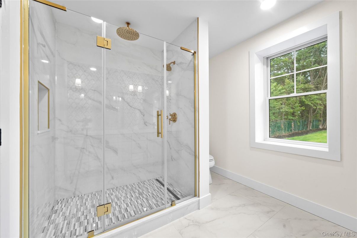 Bathroom, Glass Shower, Interior, Marble, Marble Walls, Recessed Lighting