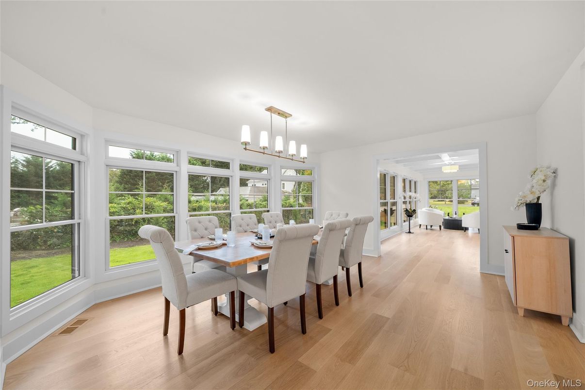Dining room, Interior, Pendant Lights, Wood Texture Flooring