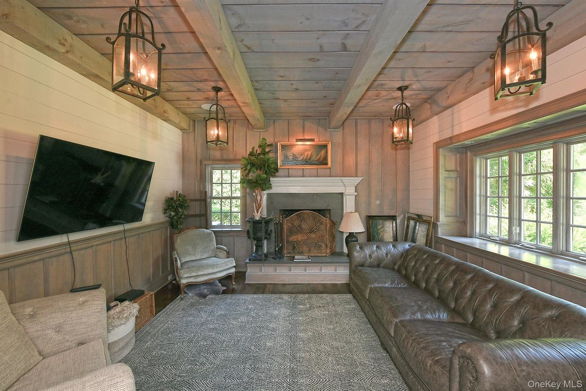 Fireplace, Interior, Living room, Pendant Lights, Wooden Beams, Wooden Ceilings, Wooden Walls