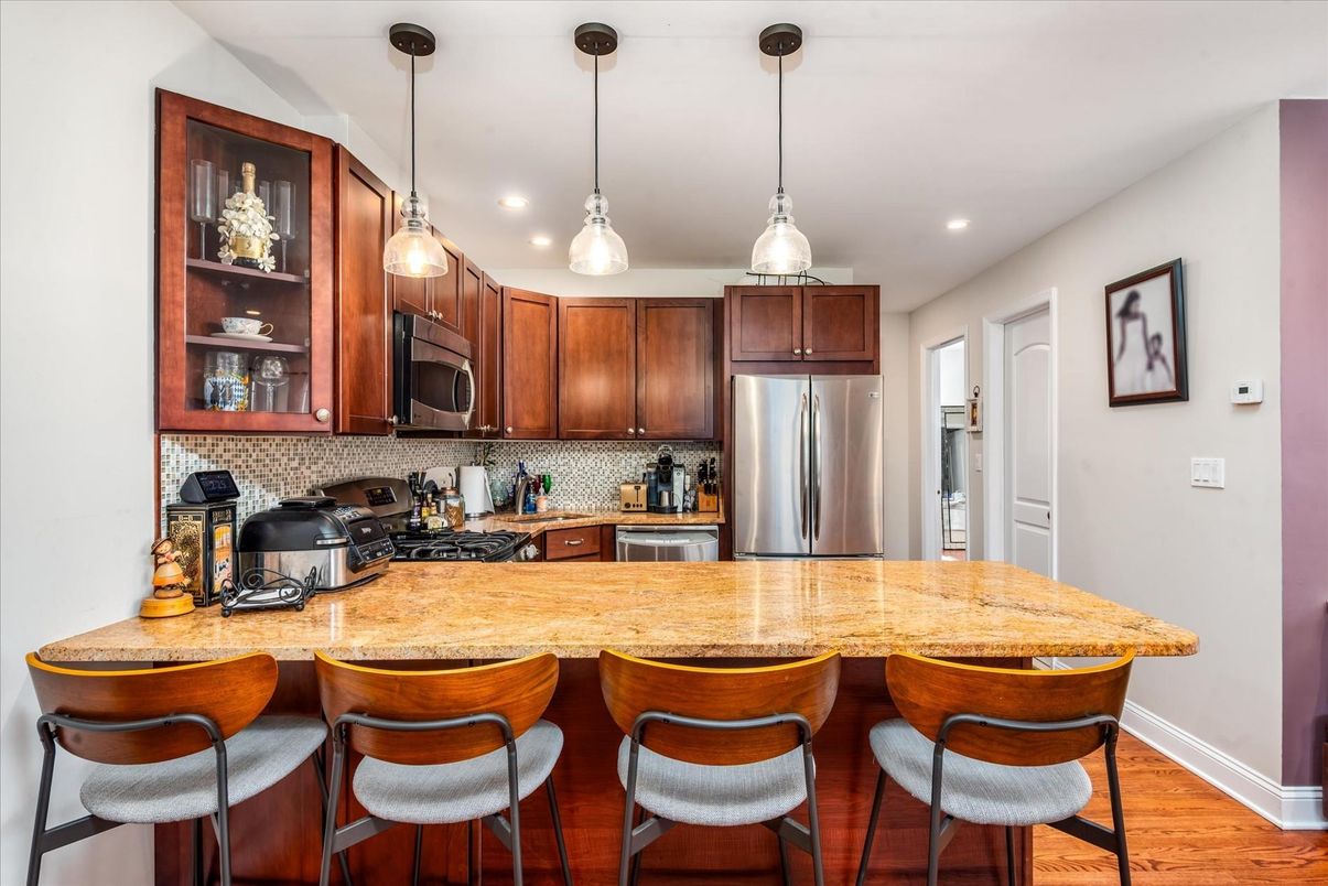 Interior, Kitchen, Pendant Lights, Recessed Lighting, Stainless Steel Appliances, Wood Texture Flooring