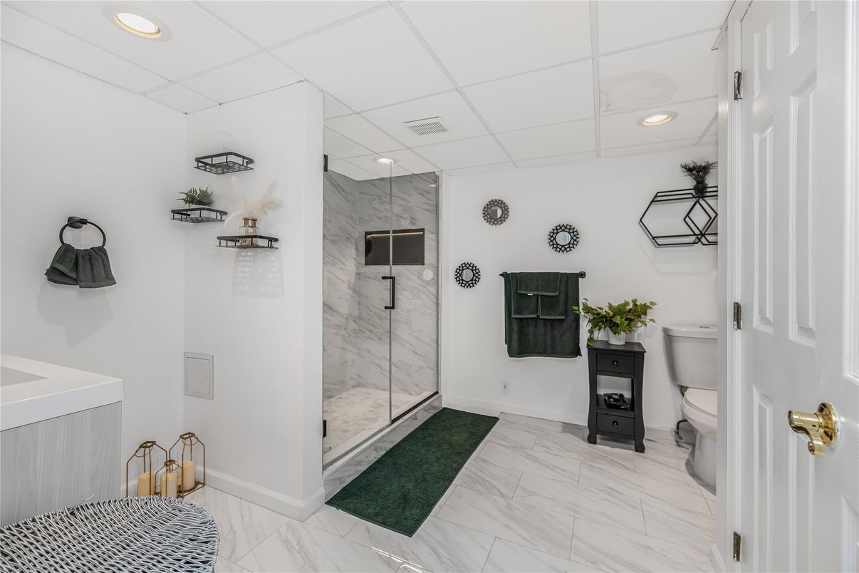 Bathroom, Glass Shower, Interior, Marble, Marble Walls, Recessed Lighting