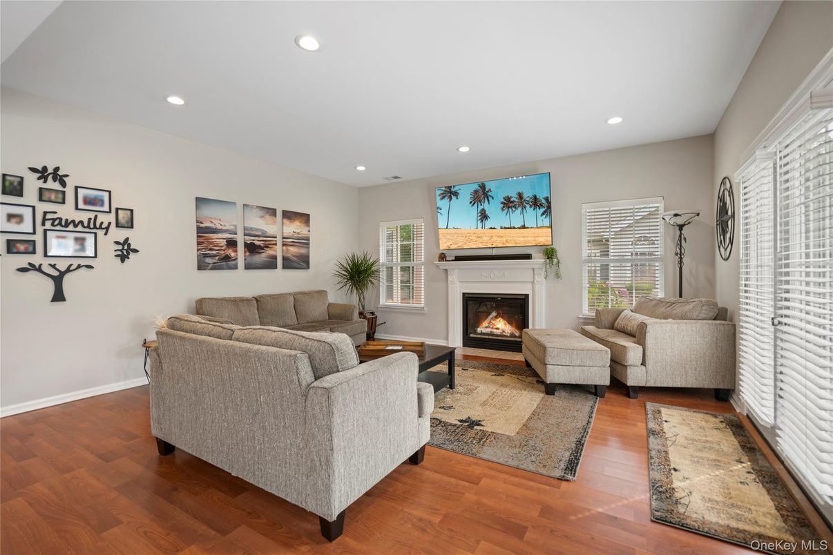 Fireplace, Interior, Living room, Recessed Lighting, Wood Texture Flooring