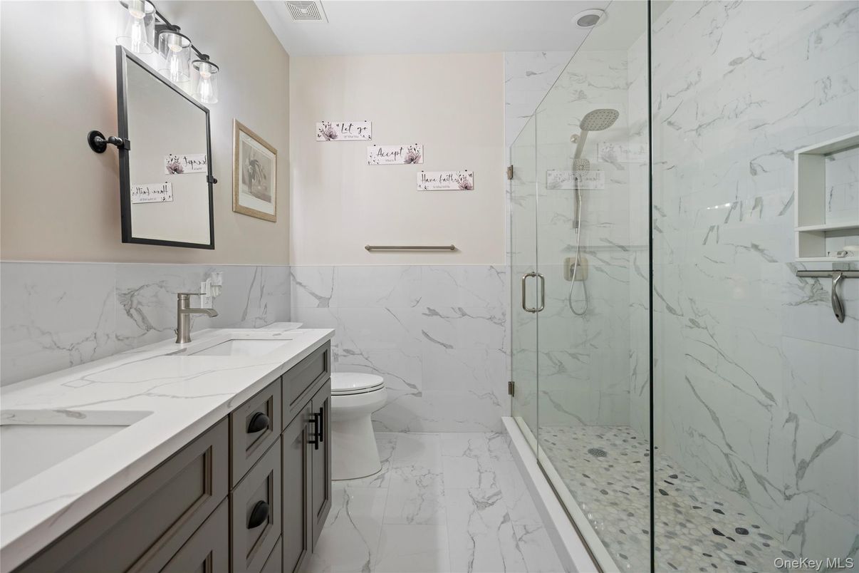 Bathroom, Dual Sink Vanities, Glass Shower, Interior, Marble, Marble Walls