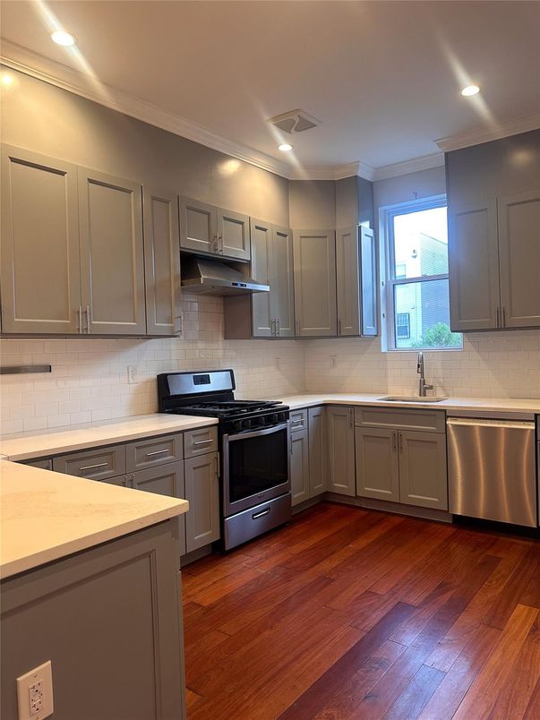 Interior, Kitchen, Recessed Lighting, Stainless Steel Appliances, Wood Texture Flooring