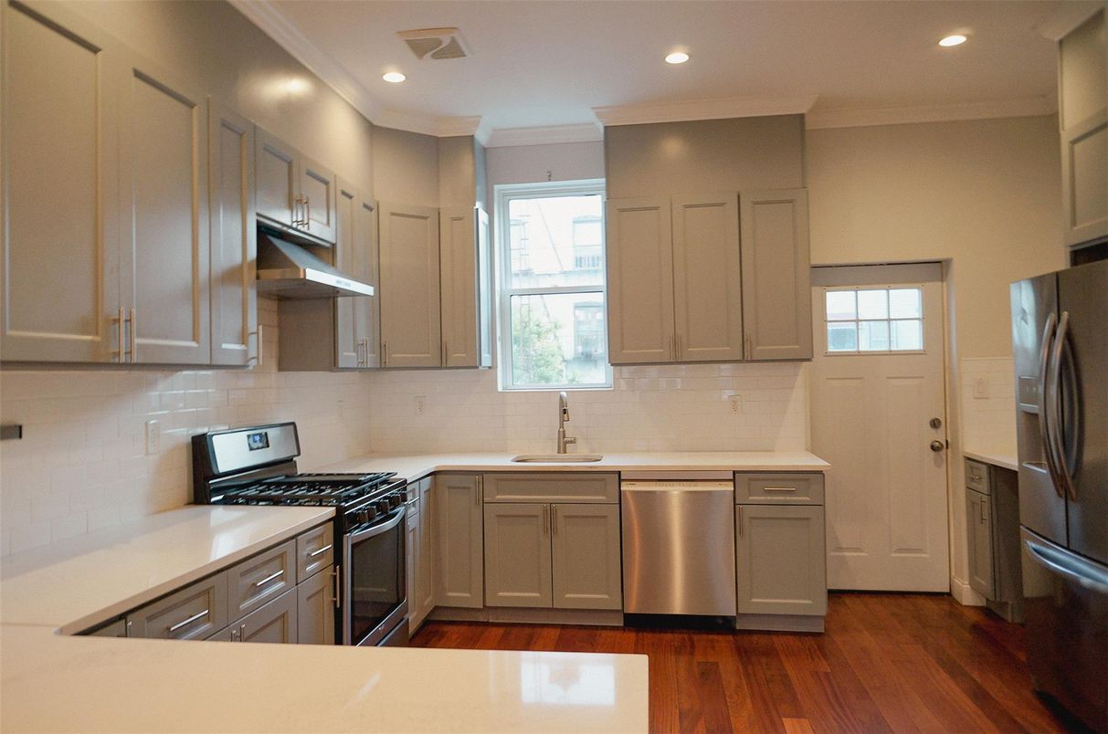 Interior, Kitchen, Recessed Lighting, Stainless Steel Appliances, Wood Texture Flooring