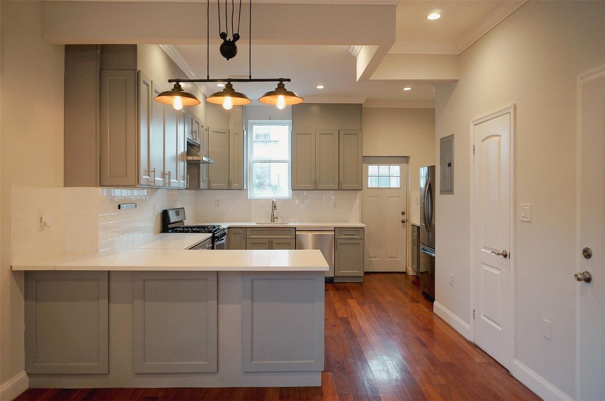 Interior, Kitchen, Pendant Lights, Recessed Lighting, Stainless Steel Appliances, Wood Texture Flooring