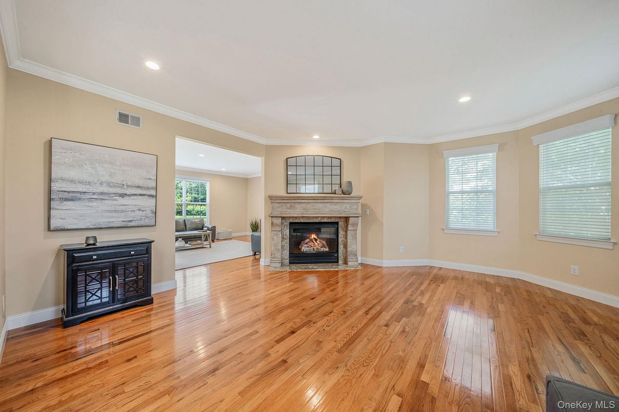 Empty room, Fireplace, Interior, Recessed Lighting, Wood Texture Flooring