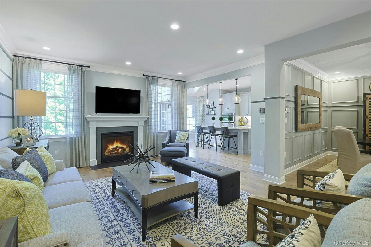 Dining room, Fireplace, Interior, Kitchen, Living room, Pendant Lights, Recessed Lighting, Wood Texture Flooring