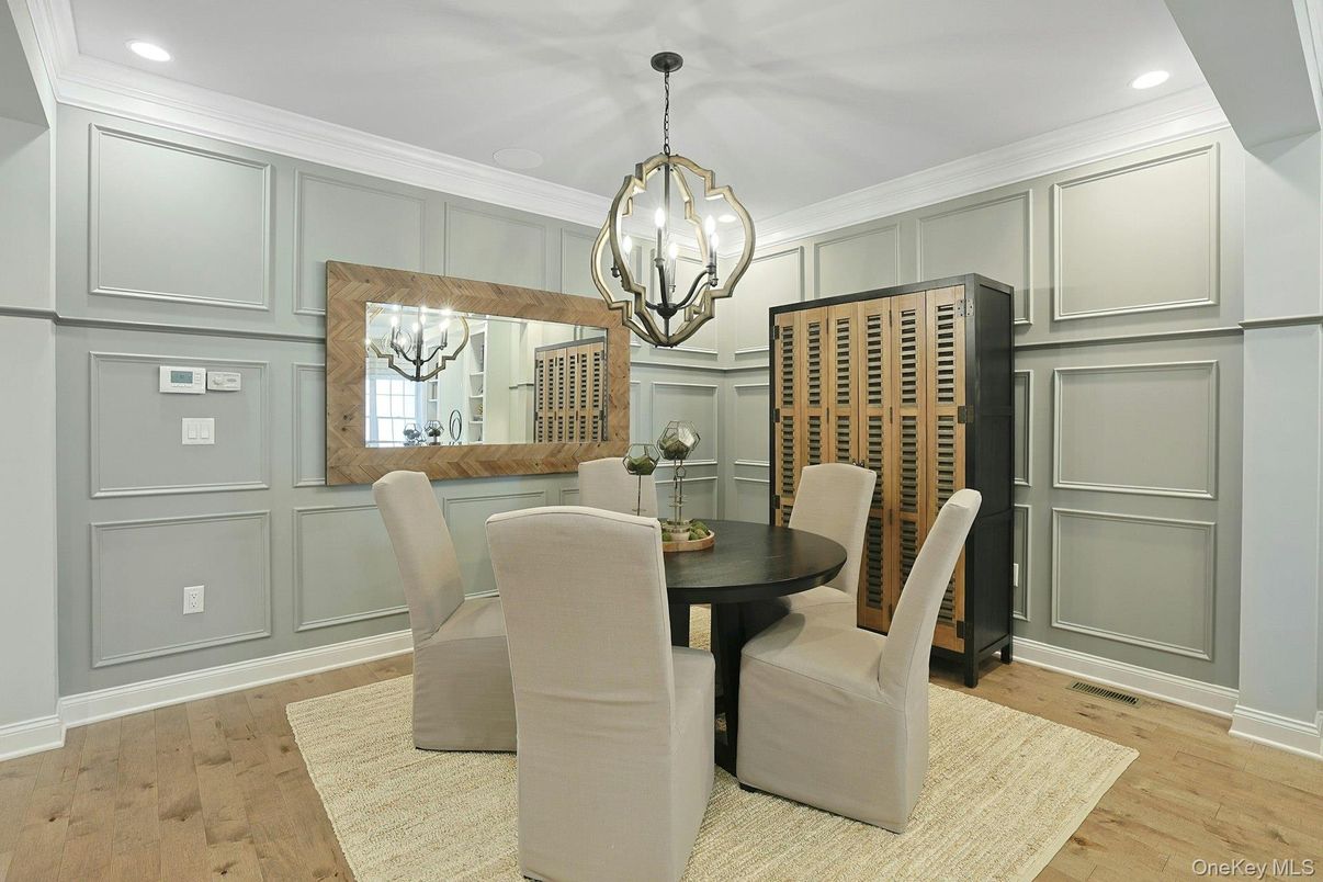 Dining room, Interior, Pendant Lights, Recessed Lighting, Wood Texture Flooring
