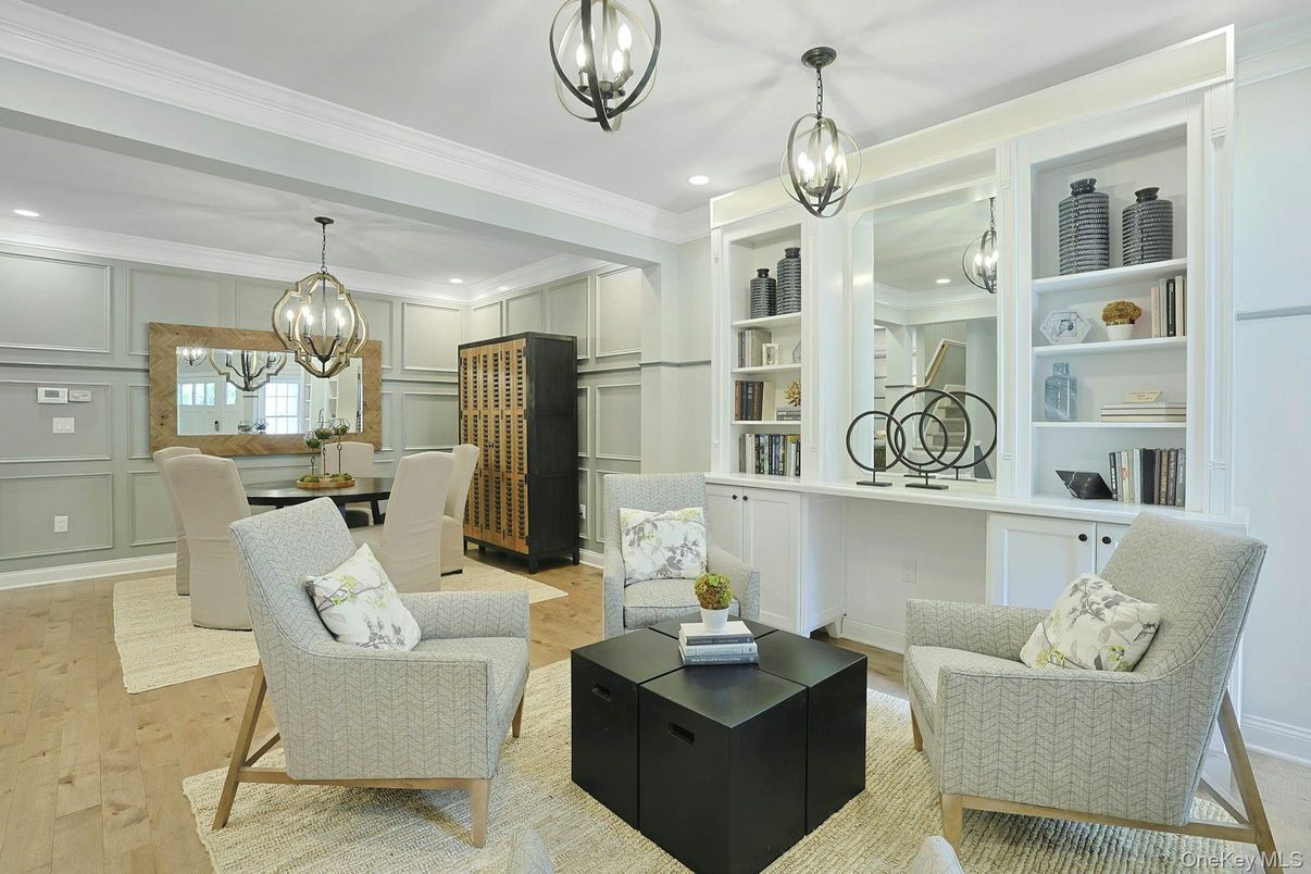 Chandelier, Dining room, Interior, Kitchen, Living room, Pendant Lights, Recessed Lighting, Wood Texture Flooring