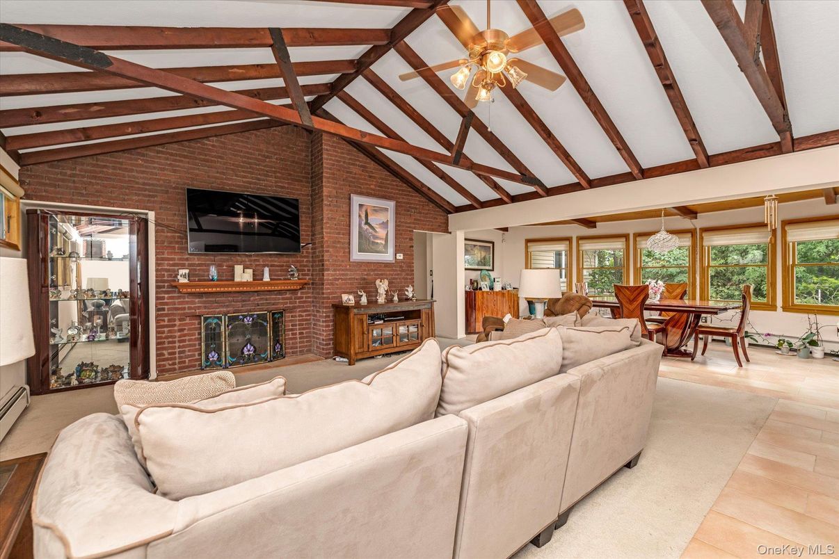 Dining room, Fireplace, Interior, Living room, Stone Walls, Wooden Beams