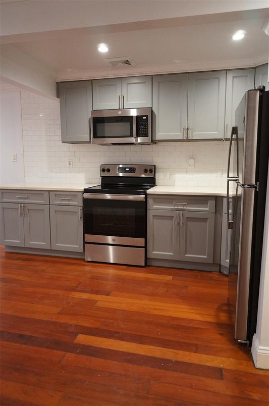 Interior, Kitchen, Recessed Lighting, Stainless Steel Appliances, Wood Texture Flooring