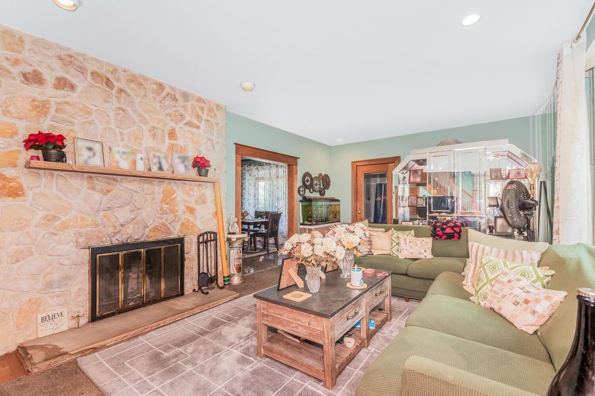 Fireplace, Interior, Living room, Recessed Lighting, Stone Walls