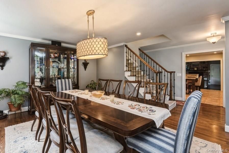 Dining room, Interior, Pendant Lights, Recessed Lighting, Wood Texture Flooring