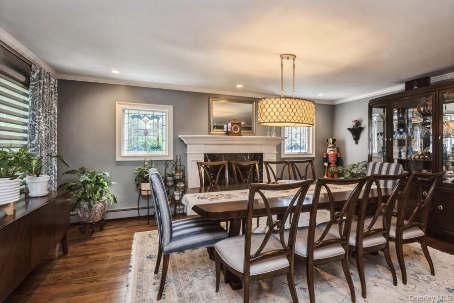 Dining room, Fireplace, Interior, Pendant Lights, Recessed Lighting, Wood Texture Flooring