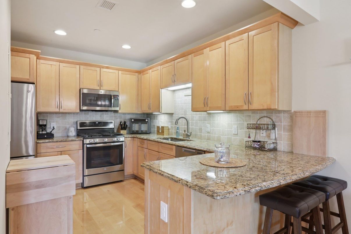 Interior, Kitchen, Recessed Lighting, Stainless Steel Appliances, Wood Texture Flooring