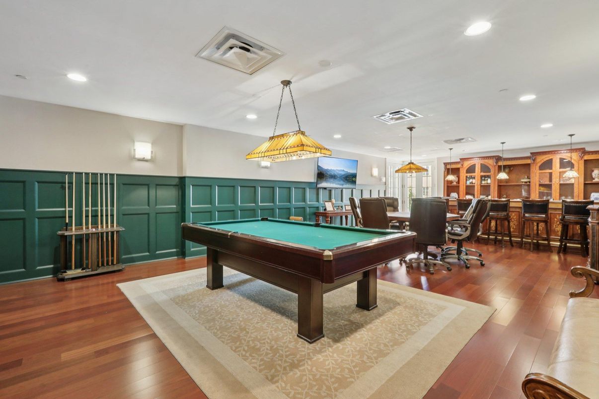 Billiard Table, Game Room, Interior, Pendant Lights, Recessed Lighting, Wood Texture Flooring
