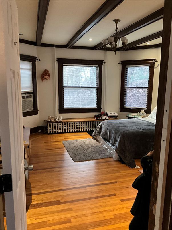 Bedroom, Chandelier, Interior, Recessed Lighting, Wood Texture Flooring