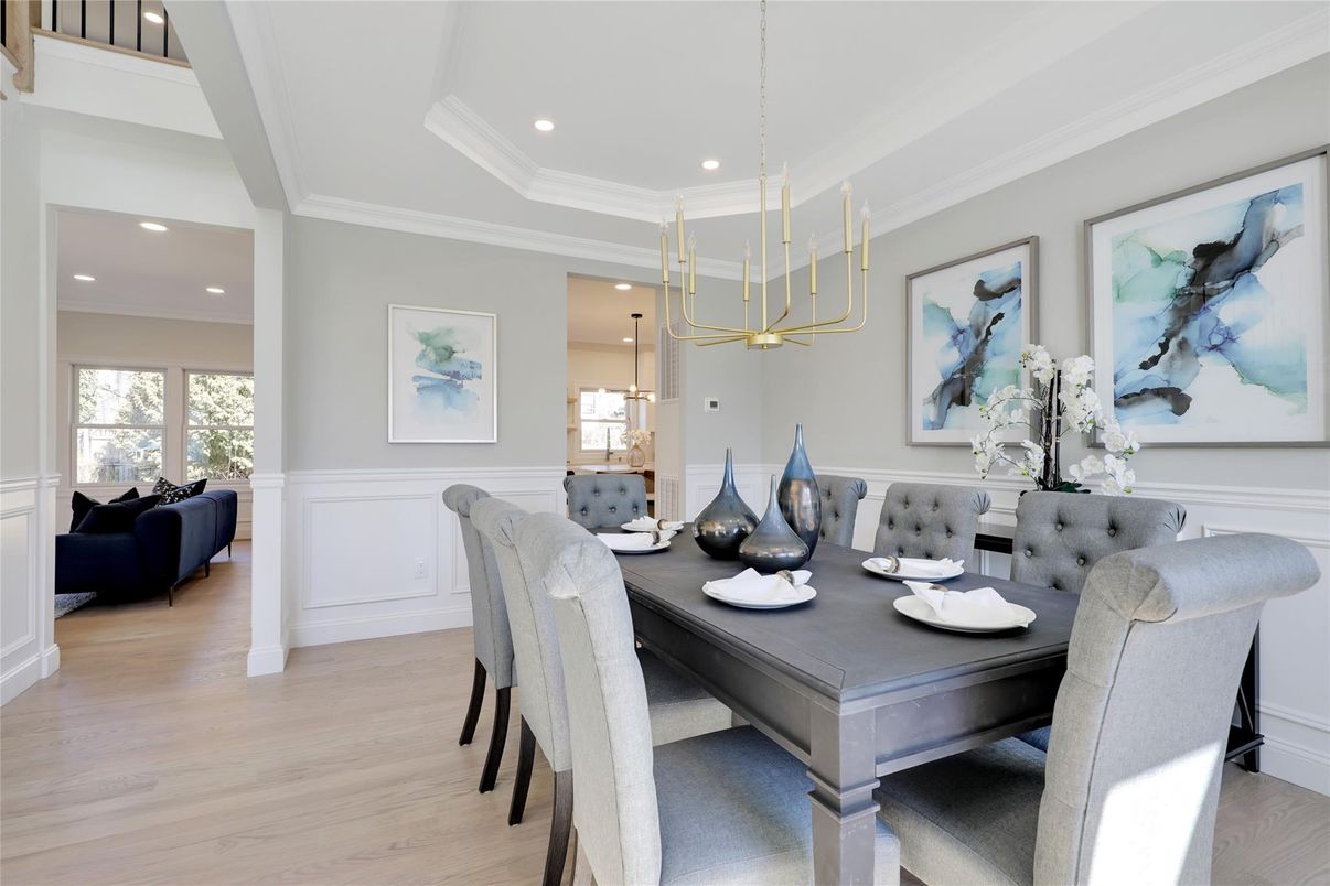 Dining room, Interior, Pendant Lights, Recessed Lighting, Wood Texture Flooring