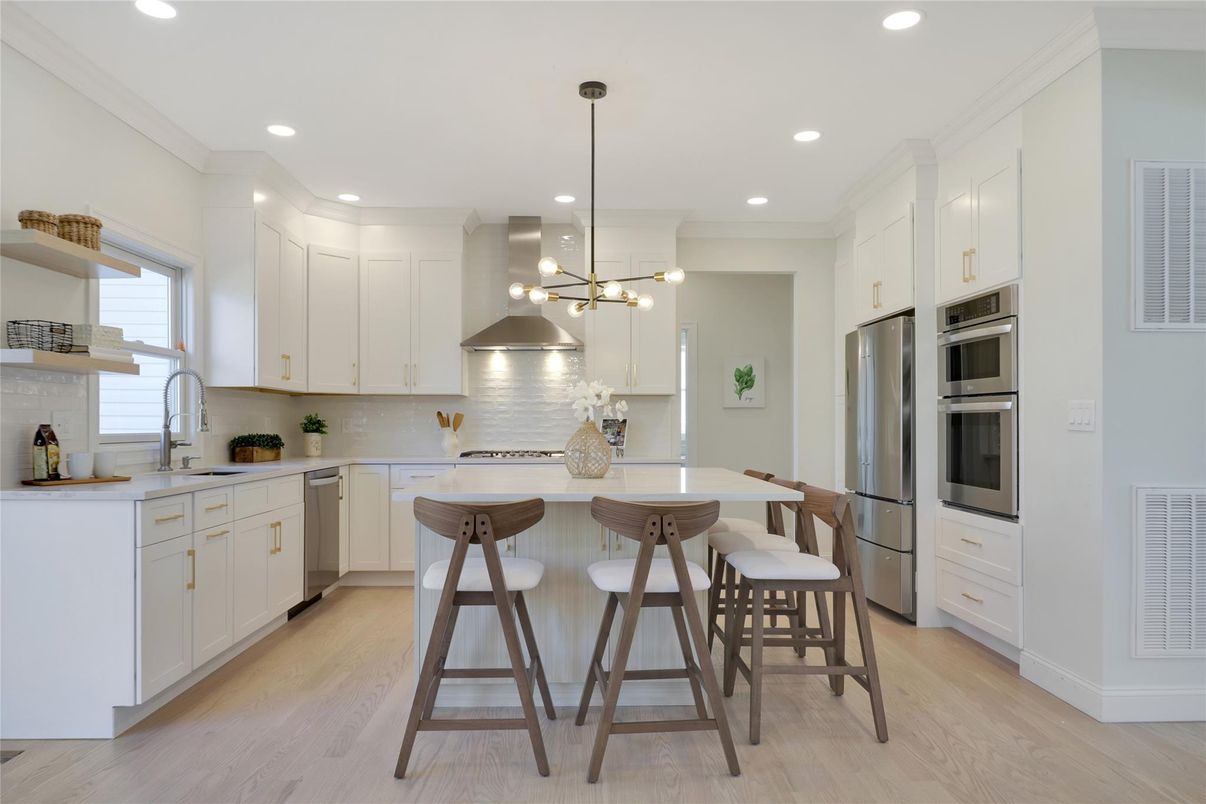 Interior, Kitchen, Pendant Lights, Recessed Lighting, Stainless Steel Appliances, Wood Texture Flooring