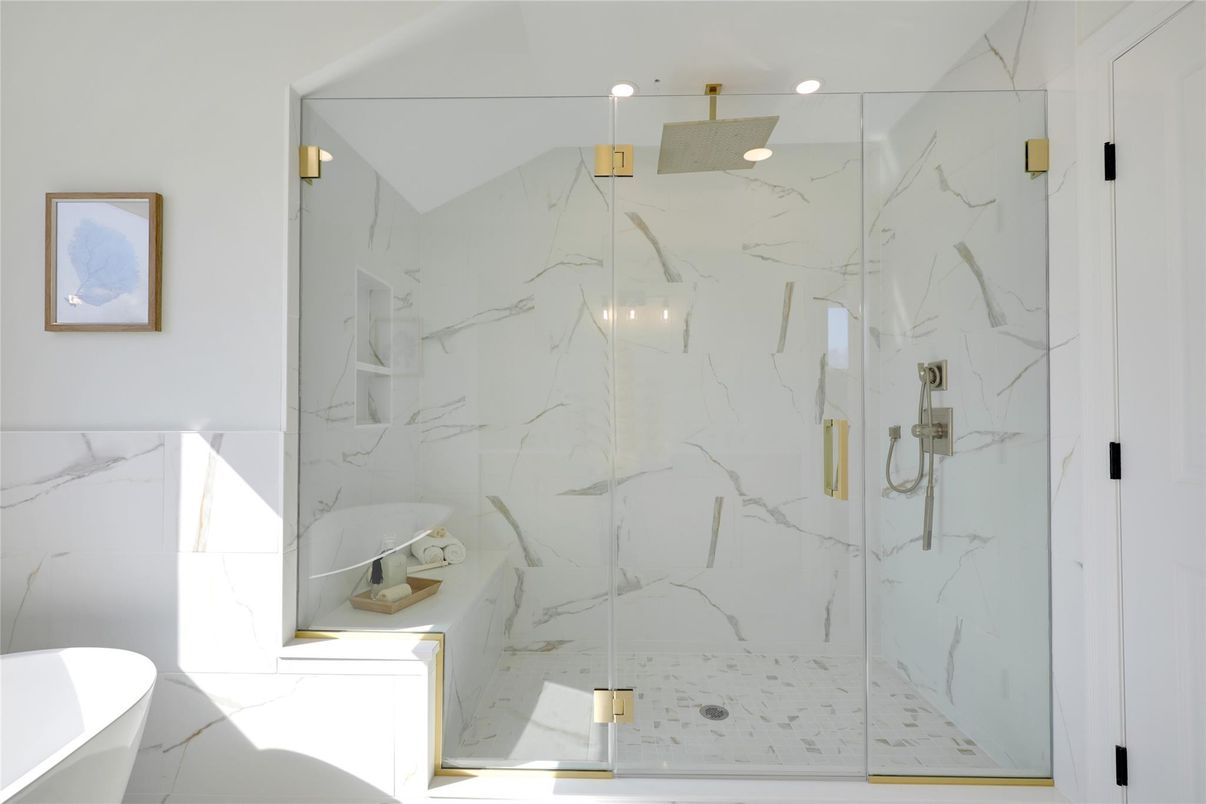 Bathroom, Glass Shower, Interior, Marble Walls, Recessed Lighting