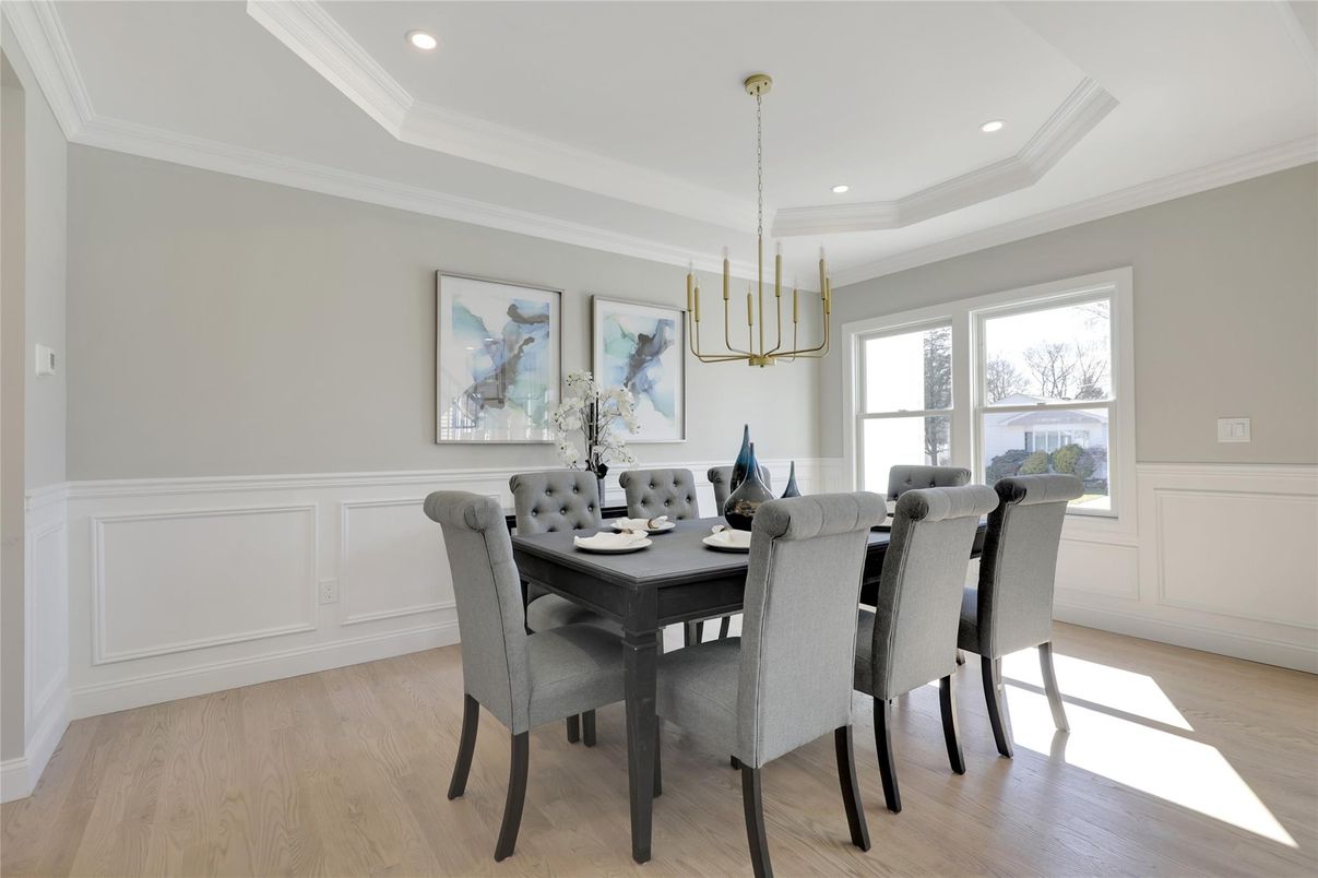 Dining room, Interior, Pendant Lights, Recessed Lighting, Wood Texture Flooring