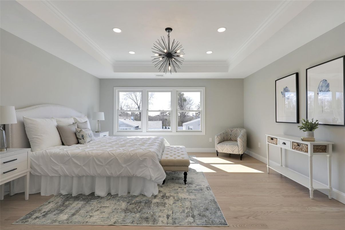 Bedroom, Interior, Pendant Lights, Recessed Lighting, Wood Texture Flooring
