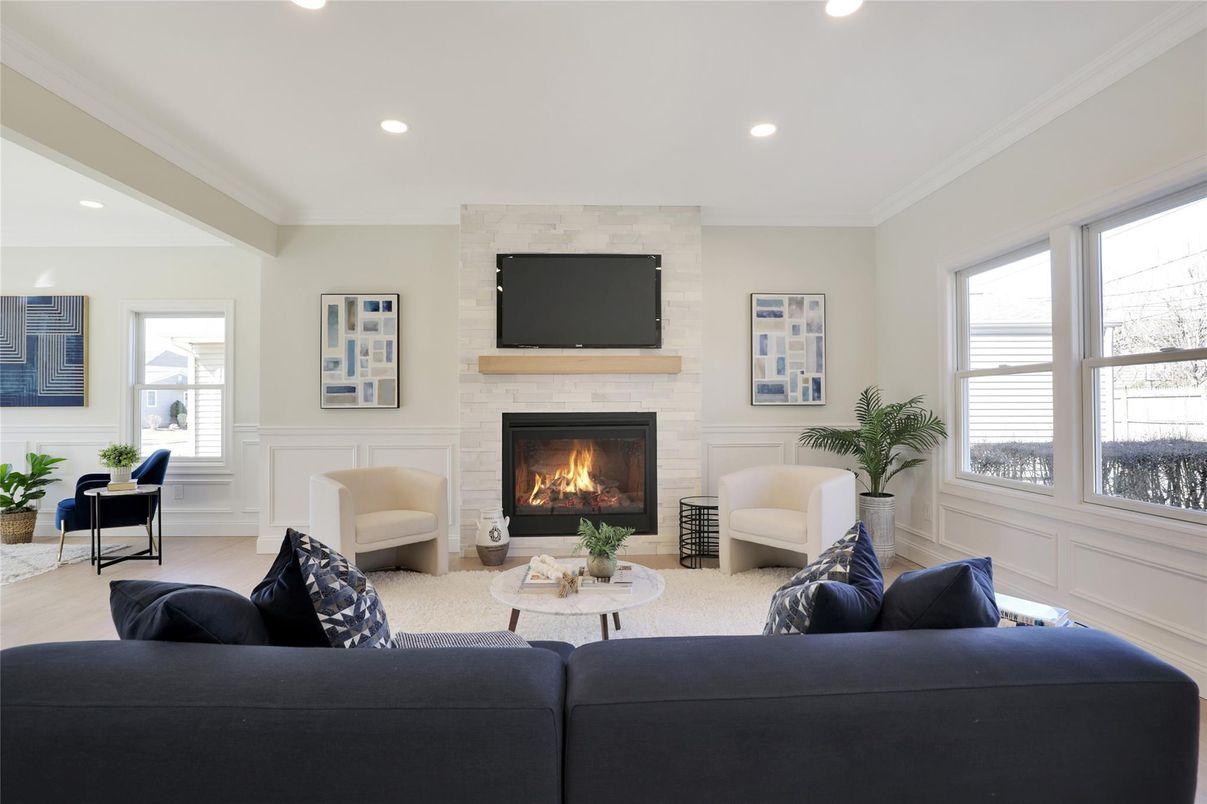 Fireplace, Interior, Living room, Recessed Lighting, Wood Texture Flooring