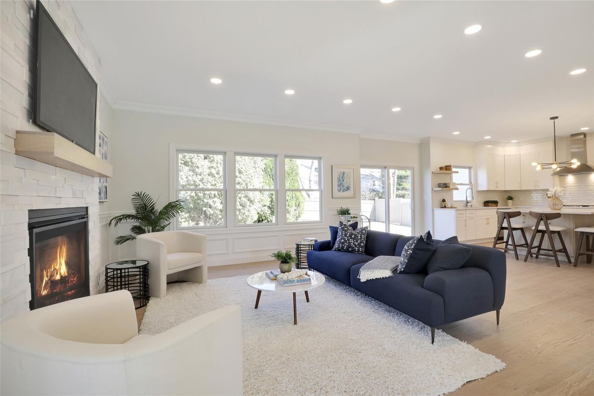 Dining room, Fireplace, Interior, Kitchen, Living room, Pendant Lights, Recessed Lighting, Wood Texture Flooring