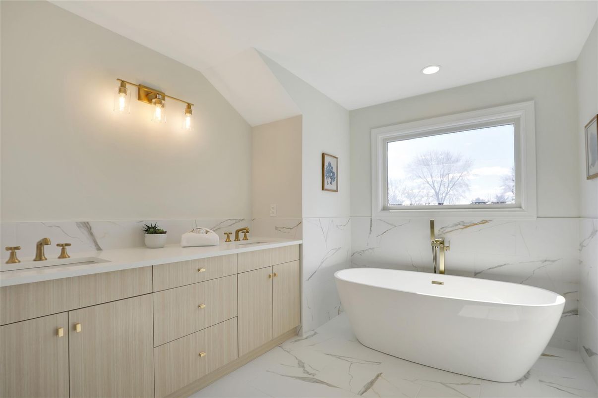 Bathroom, Dual Sink Vanities, Free Standing Baths, Interior, Marble, Marble Walls, Recessed Lighting