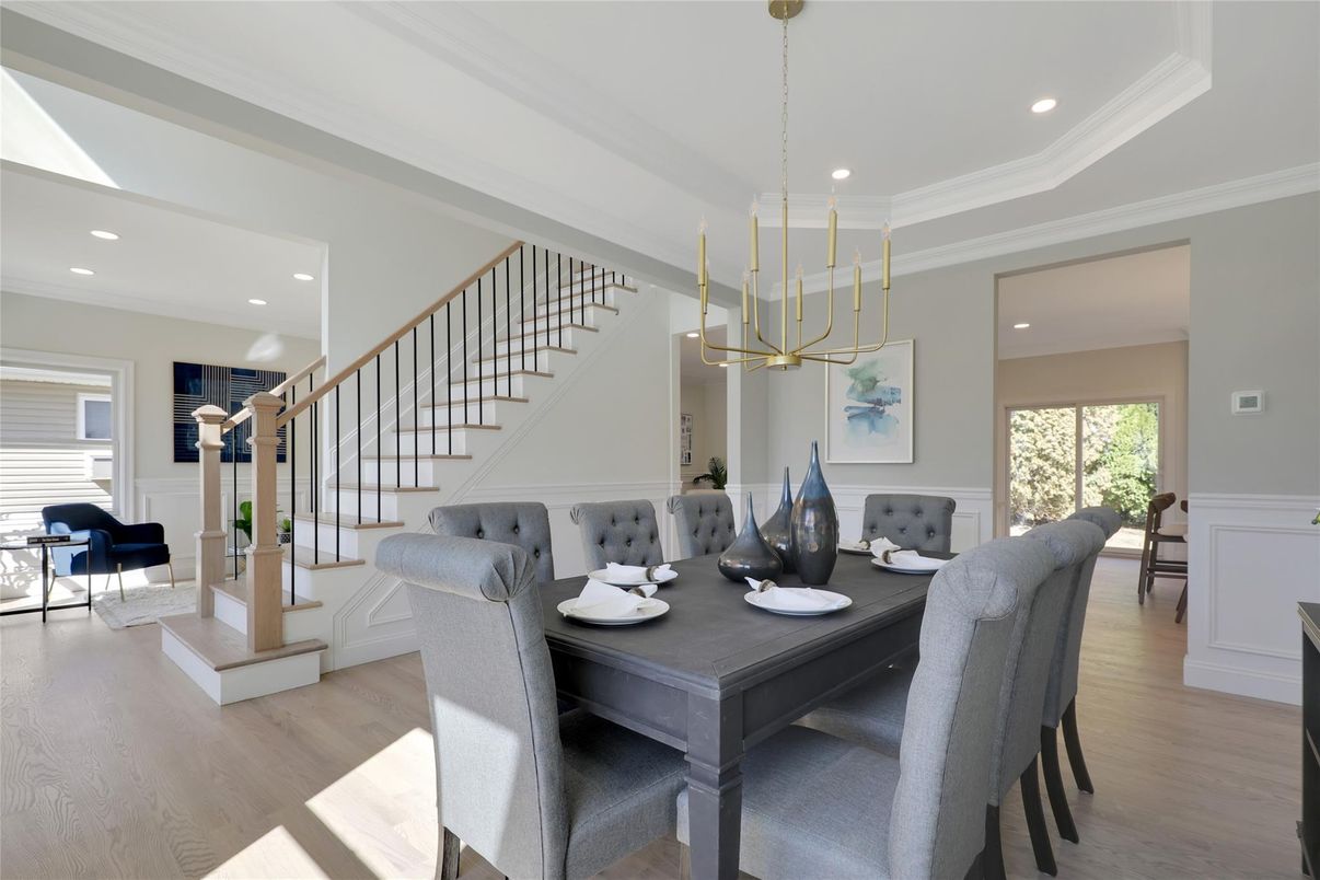 Dining room, Interior, Pendant Lights, Recessed Lighting, Wood Texture Flooring