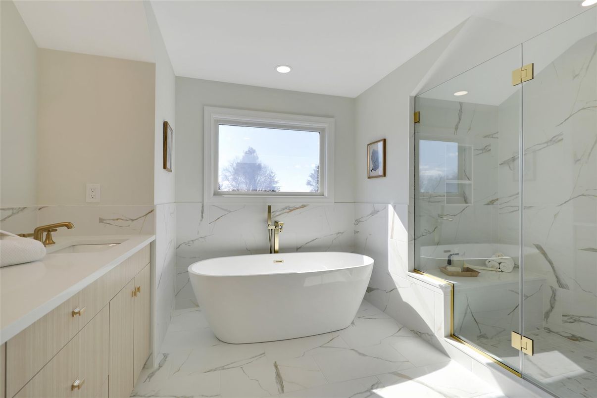 Bathroom, Free Standing Baths, Glass Shower, Interior, Marble, Marble Walls, Recessed Lighting