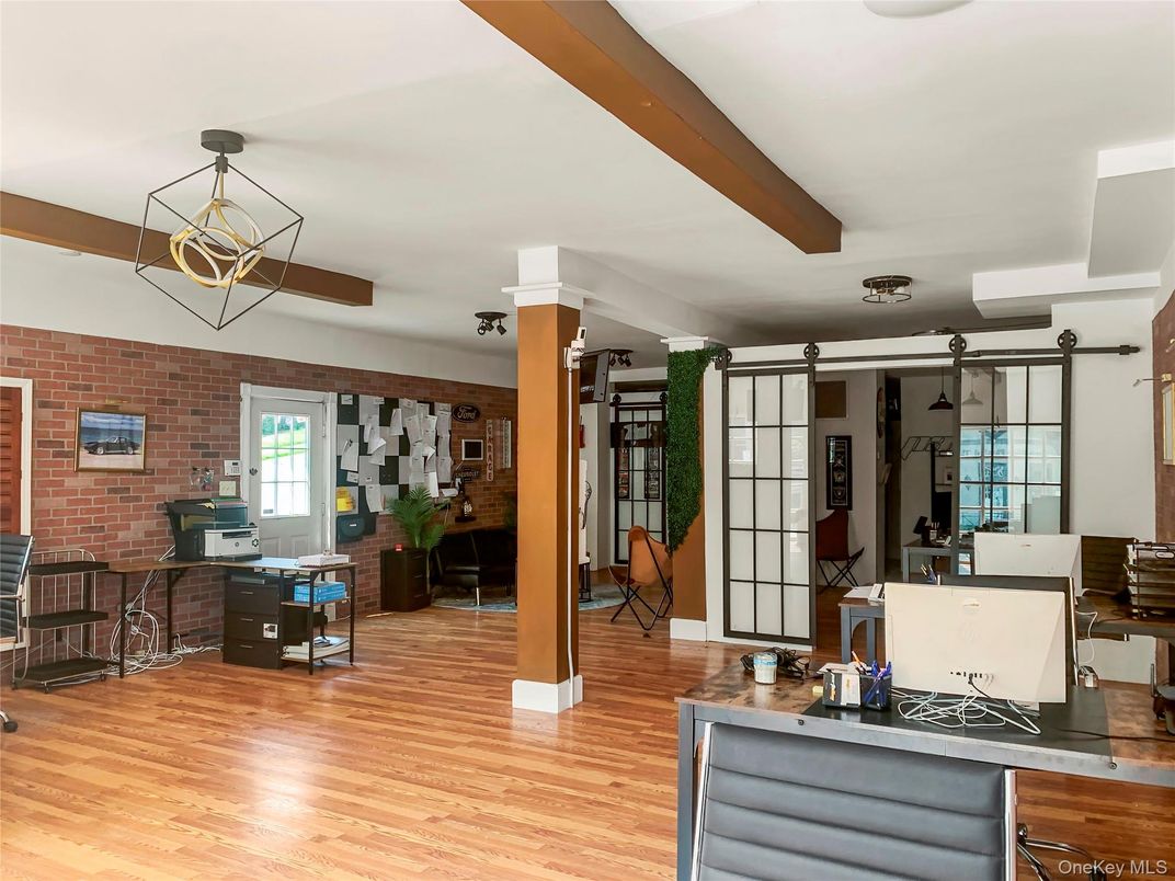 Interior, Pendant Lights, Stone Walls, Wooden Beams, Wood Texture Flooring