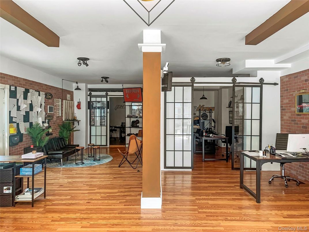 Home Office, Interior, Stone Walls, Wooden Beams, Wood Texture Flooring