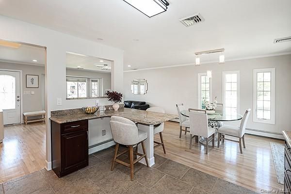 Dining room, Interior, Living room, Recessed Lighting, Wood Texture Flooring