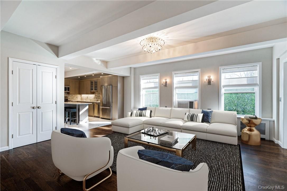 Chandelier, Interior, Kitchen, Living room, Recessed Lighting, Stainless Steel Appliances, Wood Texture Flooring